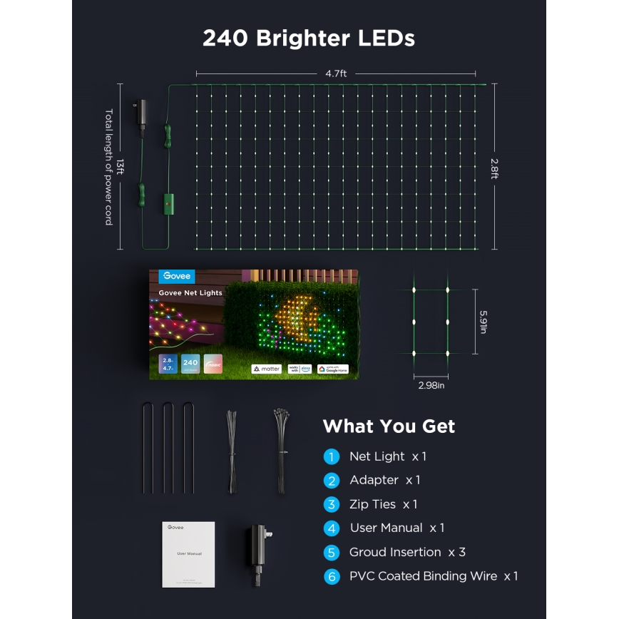 Govee - LED RGBIC Venkovní světelná síť 143x85cm Wi-Fi Matter IP65