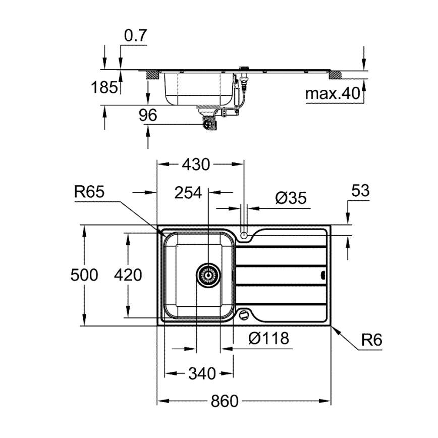 GROHE 31573SD1 -Sada kuchyň. dřezu K500 s odkapávačem a baterie A 86×50 cm nerez