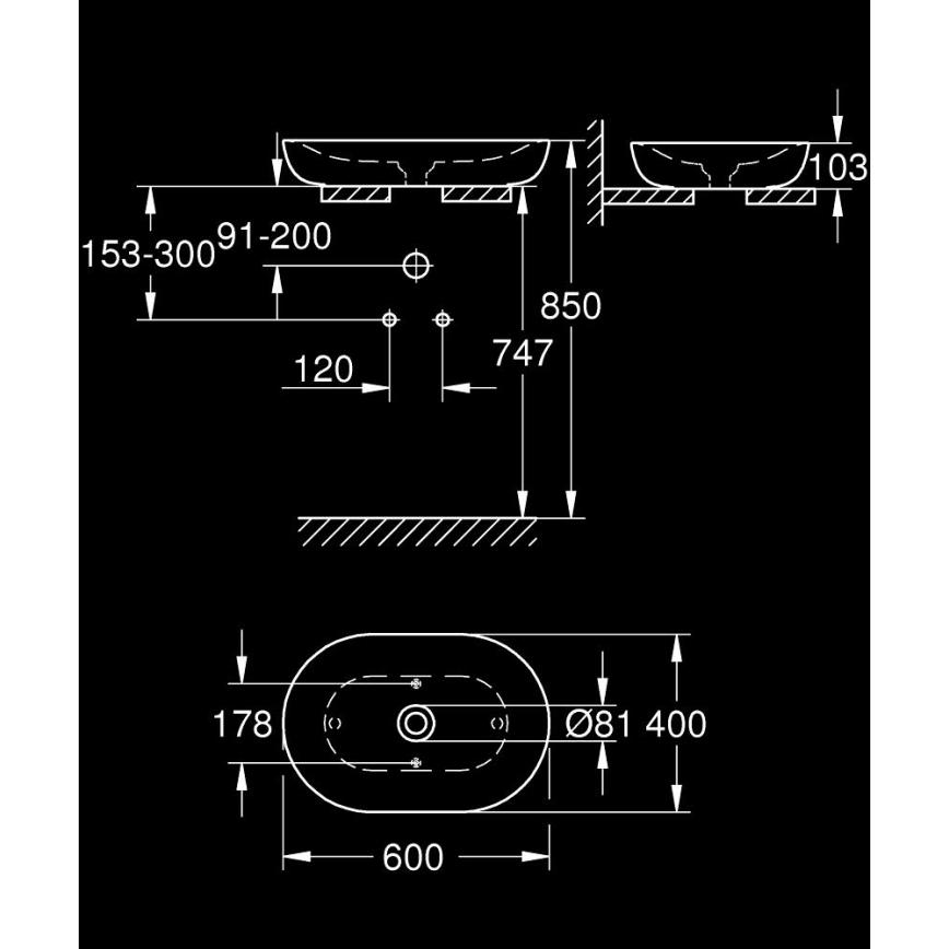 GROHE 3960800H - Umyvadlo na desku ESSENCE 600 × 400 mm keramika/bílá
