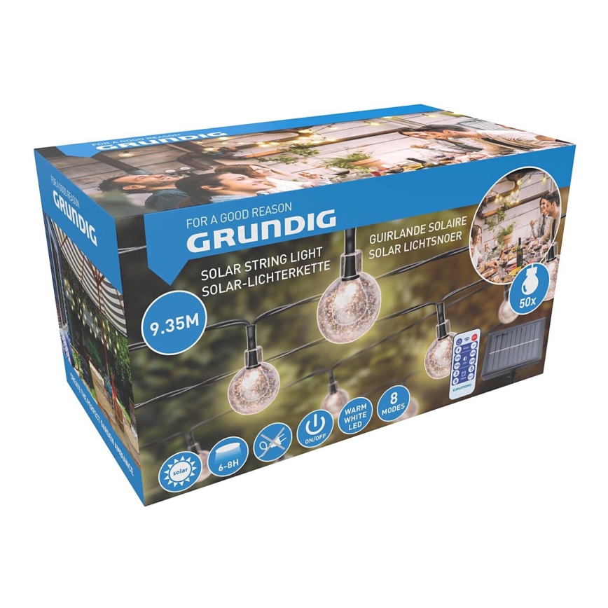 Grundig - LED Stmívatelný solární řetěz 50xLED/8 funkcí 9,35m teplá bílá + dálkové ovládání