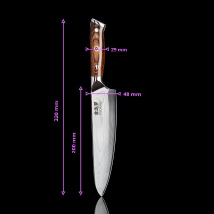 Gudaro - SADA 1x Damaškový šéfkuchařský nůž FENG 8, 67 vrstev oceli, délka 20 cm + 1x damaškový Santoku kuchyňský nůž FENG 7,5, 67 vrstev oceli, délka 18 cm + 1x ZDARMA damaškový kuchyňský nůž FENG 3,5, 67 vrstev oceli, délka 9,5 cm