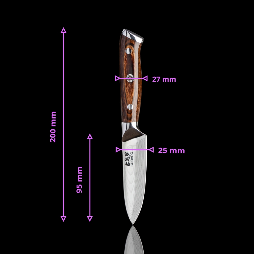 Gudaro - SADA 1x Damaškový šéfkuchařský nůž FENG 8, 67 vrstev oceli, délka 20 cm + 1x damaškový Santoku kuchyňský nůž FENG 7,5, 67 vrstev oceli, délka 18 cm + 1x ZDARMA damaškový kuchyňský nůž FENG 3,5, 67 vrstev oceli, délka 9,5 cm