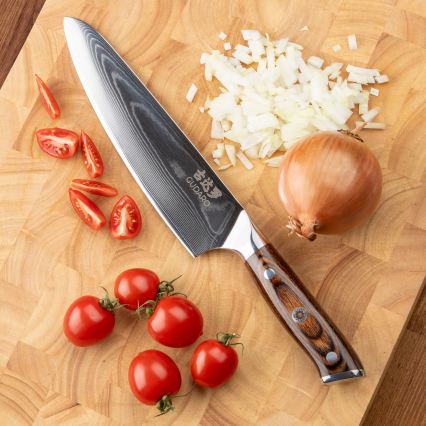 Gudaro - SADA 1x Damaškový šéfkuchařský nůž FENG 8, 67 vrstev oceli, délka 20 cm + 1x damaškový Santoku kuchyňský nůž FENG 7,5, 67 vrstev oceli, délka 18 cm + 1x ZDARMA damaškový kuchyňský nůž na ovoce FENG 3,5, 67 vrstev oceli, délka 9,5 cm