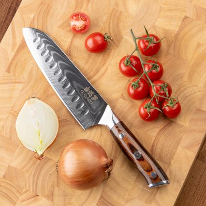 Gudaro - SADA 1x Damaškový šéfkuchařský nůž FENG 8, 67 vrstev oceli, délka 20 cm + 1x damaškový Santoku kuchyňský nůž FENG 7,5, 67 vrstev oceli, délka 18 cm + 1x ZDARMA damaškový kuchyňský nůž na ovoce FENG 3,5, 67 vrstev oceli, délka 9,5 cm