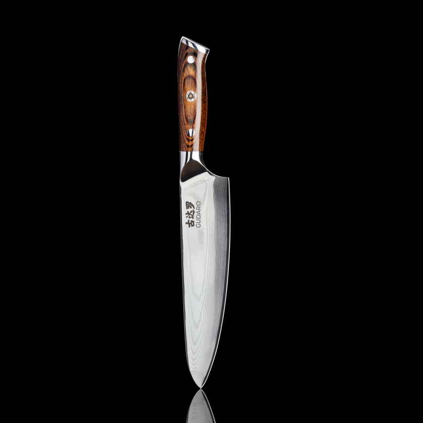 Gudaro - SADA 1x Damaškový šéfkuchařský nůž FENG 8, 67 vrstev oceli, délka 20 cm + 1x damaškový Santoku kuchyňský nůž FENG 7,5, 67 vrstev oceli, délka 18 cm + 1x ZDARMA damaškový kuchyňský nůž na ovoce FENG 3,5, 67 vrstev oceli, délka 9,5 cm