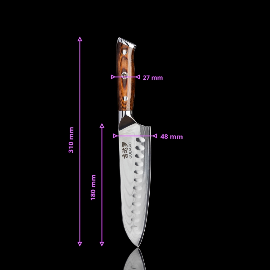 Gudaro - SADA 1x Damaškový šéfkuchařský nůž FENG 8, 67 vrstev oceli, délka 20 cm + 1x damaškový Santoku kuchyňský nůž FENG 7,5, 67 vrstev oceli, délka 18 cm + 1x ZDARMA damaškový kuchyňský nůž na ovoce FENG 3,5, 67 vrstev oceli, délka 9,5 cm