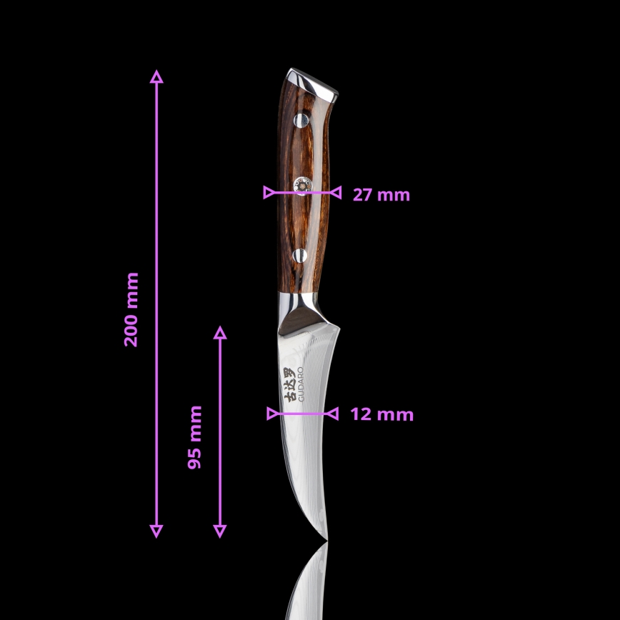 Gudaro - SADA 1x Damaškový šéfkuchařský nůž FENG 8, 67 vrstev oceli, délka 20 cm + 1x damaškový Santoku kuchyňský nůž FENG 7,5, 67 vrstev oceli, délka 18 cm + 1x ZDARMA damaškový kuchyňský nůž na ovoce FENG 3,5, 67 vrstev oceli, délka 9,5 cm