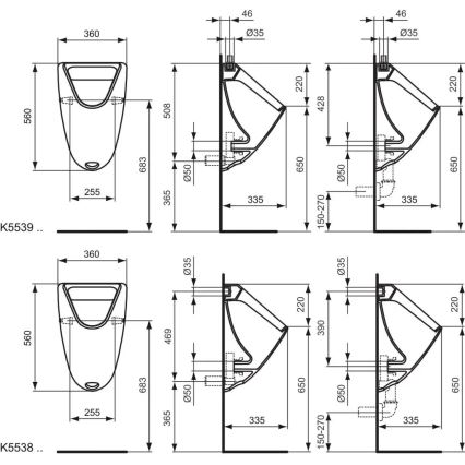 Ideal Standard K553901 - Pisoár EUROVIT horní přívod, zadní odpad keramika/bílá