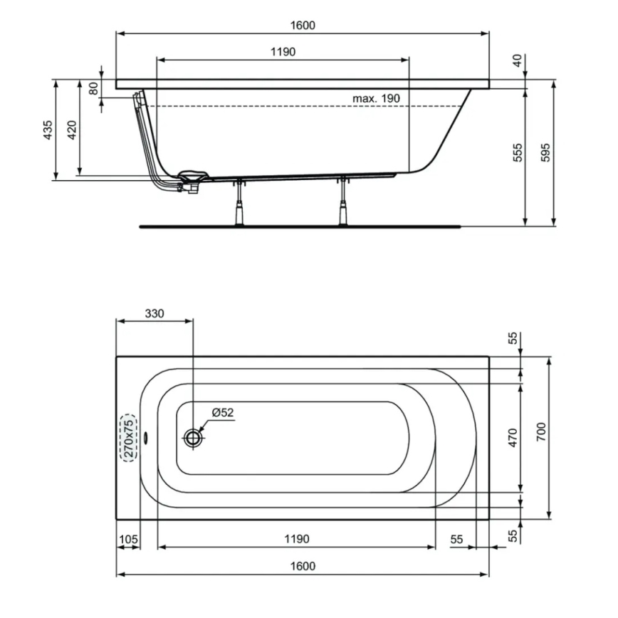 Ideal Standard W004301 - Vana SIMPLICITY 160x70 cm akrylát/bílá