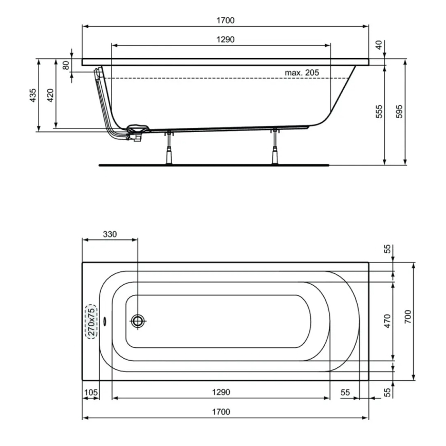 Ideal Standard W004401 - Vana SIMPLICITY 170x70 cm akrylát/bílá