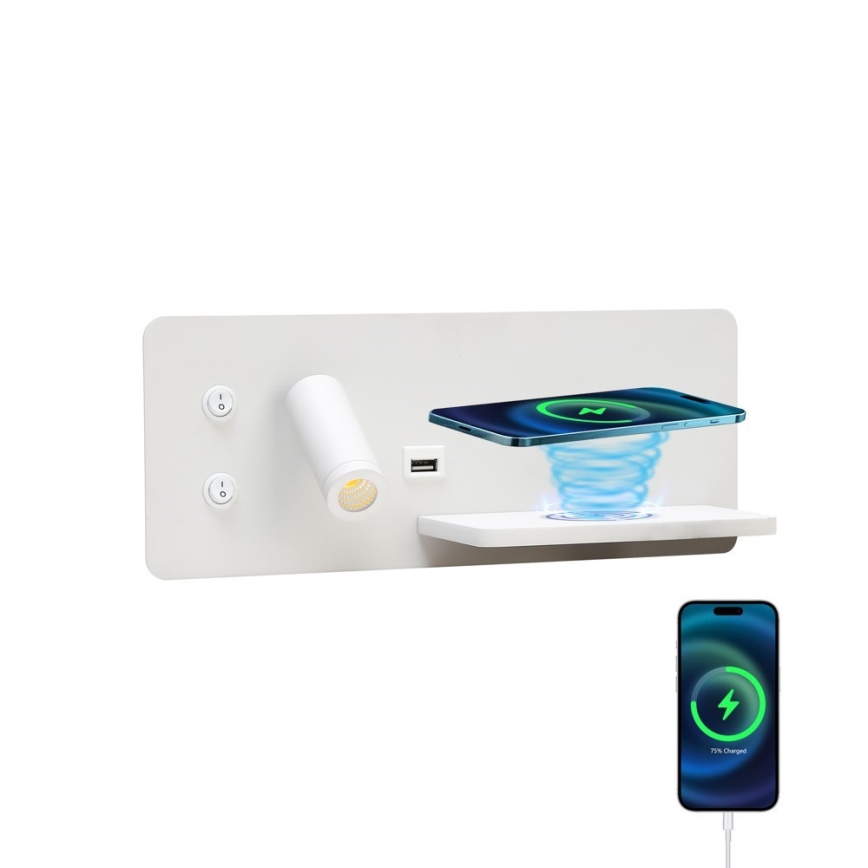 Immax 08285L - LED Nástěnné bodové svítidlo s poličkou, USB portem a bezdrátovým nabíjením Be PREPARE LED/3W/230V + LED/3W bílá