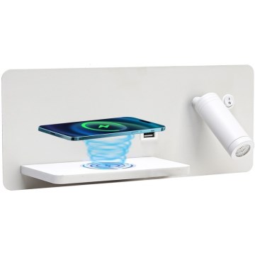 Immax 08286L - LED Nástěnné bodové svítidlo s poličkou, USB portem a bezdrátovým nabíjením Be PREPARE LED/3W/230V + LED/3W bílá