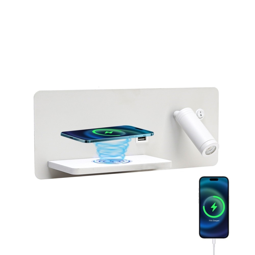 Immax 08286L - LED Nástěnné bodové svítidlo s poličkou, USB portem a bezdrátovým nabíjením Be PREPARE LED/3W/230V + LED/3W bílá