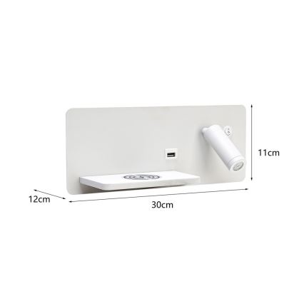Immax 08286L - LED Nástěnné bodové svítidlo s poličkou, USB portem a bezdrátovým nabíjením Be PREPARE LED/3W/230V + LED/3W bílá