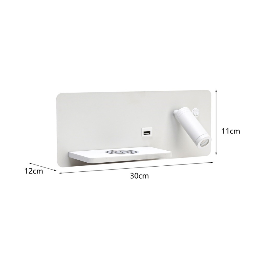 Immax 08286L - LED Nástěnné bodové svítidlo s poličkou, USB portem a bezdrátovým nabíjením Be PREPARE LED/3W/230V + LED/3W bílá