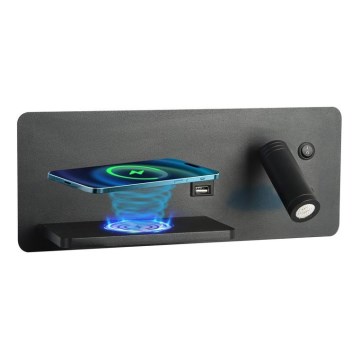 Immax 08288L - LED Nástěnné bodové svítidlo s poličkou, USB portem a bezdrátovým nabíjením Be PREPARE LED/3W/230V + LED/3W černá