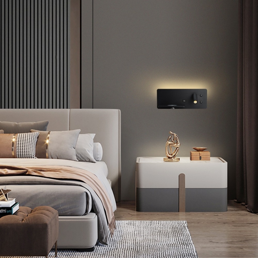 Immax 08288L - LED Nástěnné bodové svítidlo s poličkou, USB portem a bezdrátovým nabíjením Be PREPARE LED/3W/230V + LED/3W černá