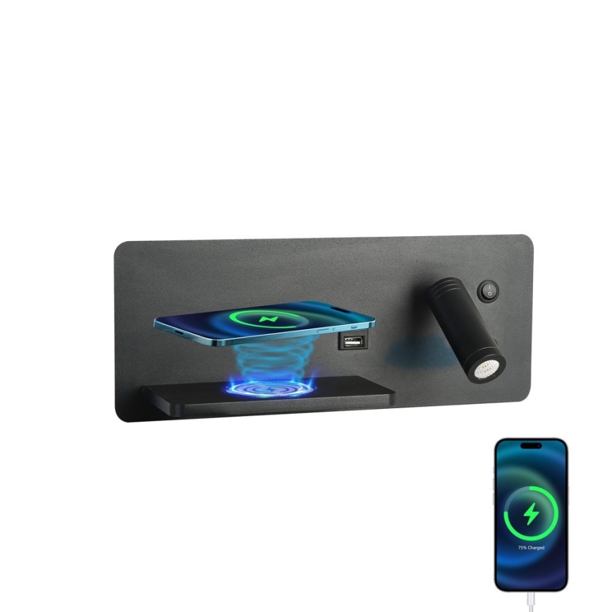 Immax 08288L - LED Nástěnné bodové svítidlo s poličkou, USB portem a bezdrátovým nabíjením Be PREPARE LED/3W/230V + LED/3W černá