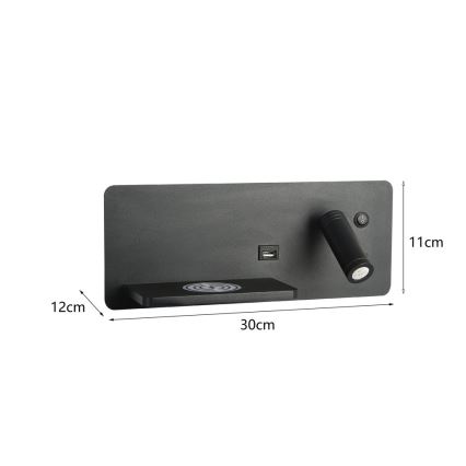 Immax 08288L - LED Nástěnné bodové svítidlo s poličkou, USB portem a bezdrátovým nabíjením Be PREPARE LED/3W/230V + LED/3W černá