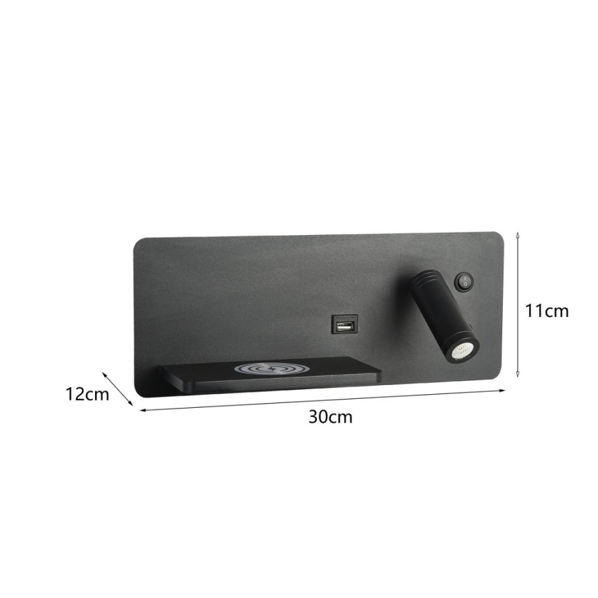Immax 08288L - LED Nástěnné bodové svítidlo s poličkou, USB portem a bezdrátovým nabíjením Be PREPARE LED/3W/230V + LED/3W černá