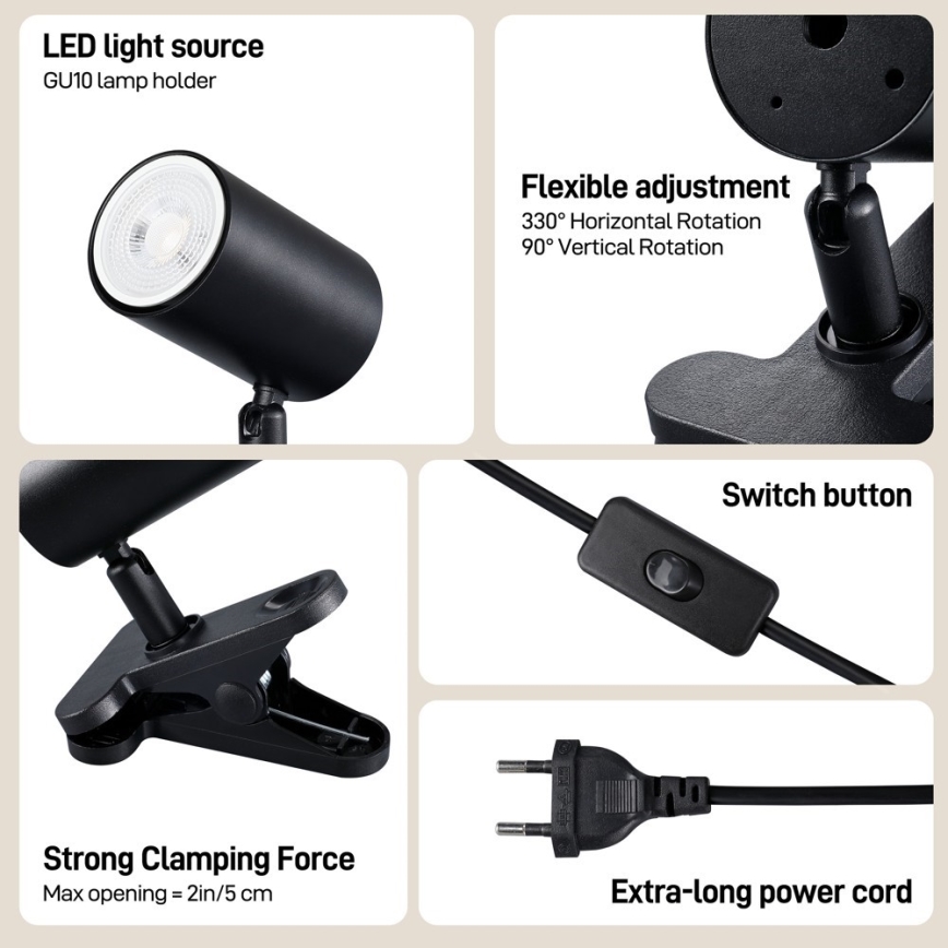 Lampa s klipem PUNTO 1xGU10/9W/230V černá