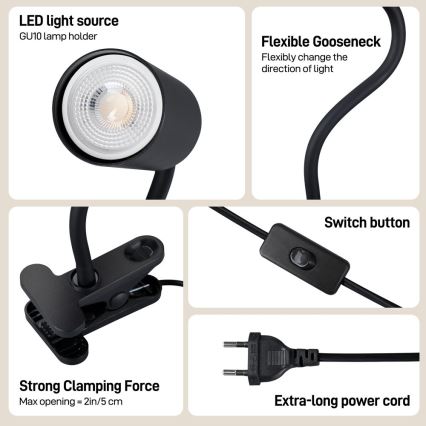 Flexibilní lampa s klipem PUNTO 1xGU10/9W/230V černá