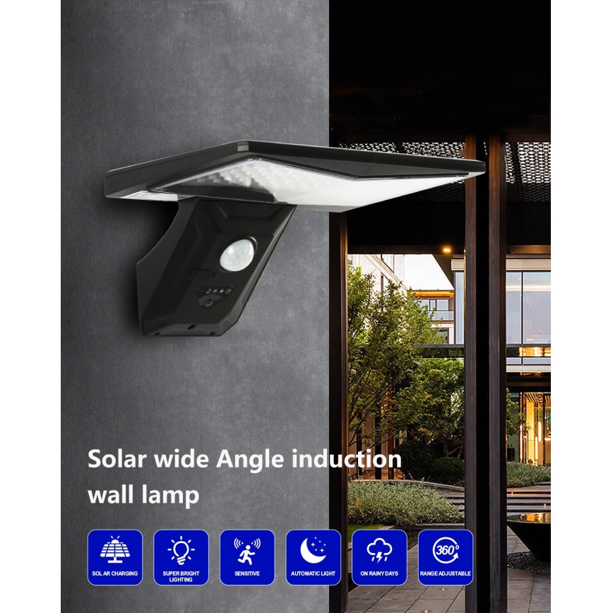 LED Solární nástěnné svítidlo se senzorem LED/2,6W/5,5V IP65 1800 mAh černá