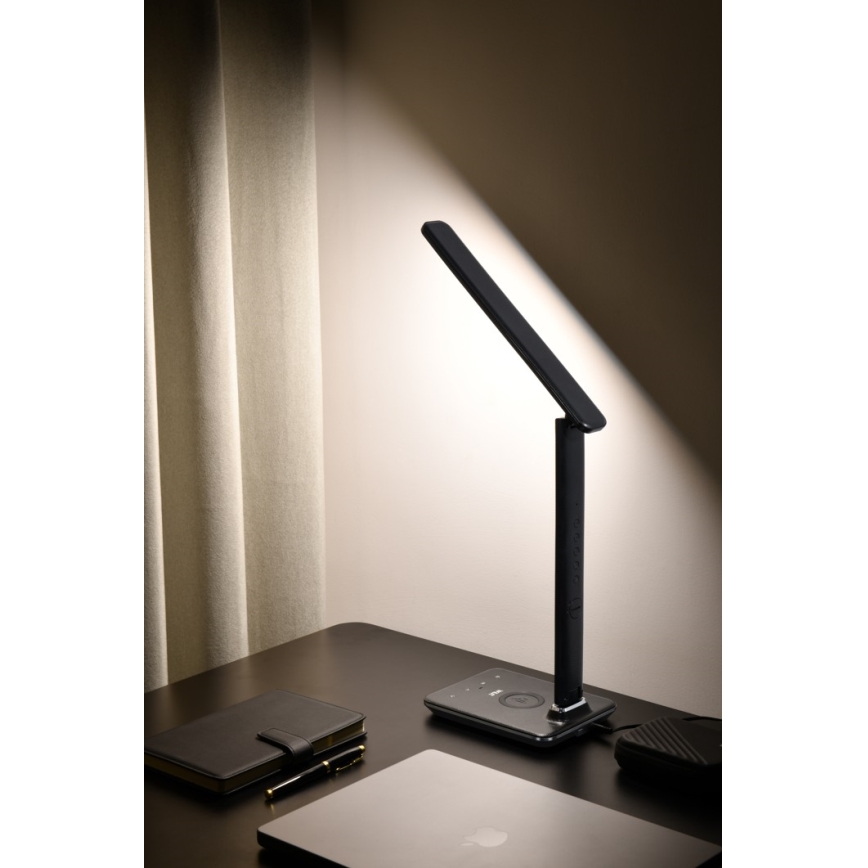 LED Stmívatelná stolní lampa s bezdrátovým nabíjením QI a USB KINGFISHER LED/8,5W/230V černá