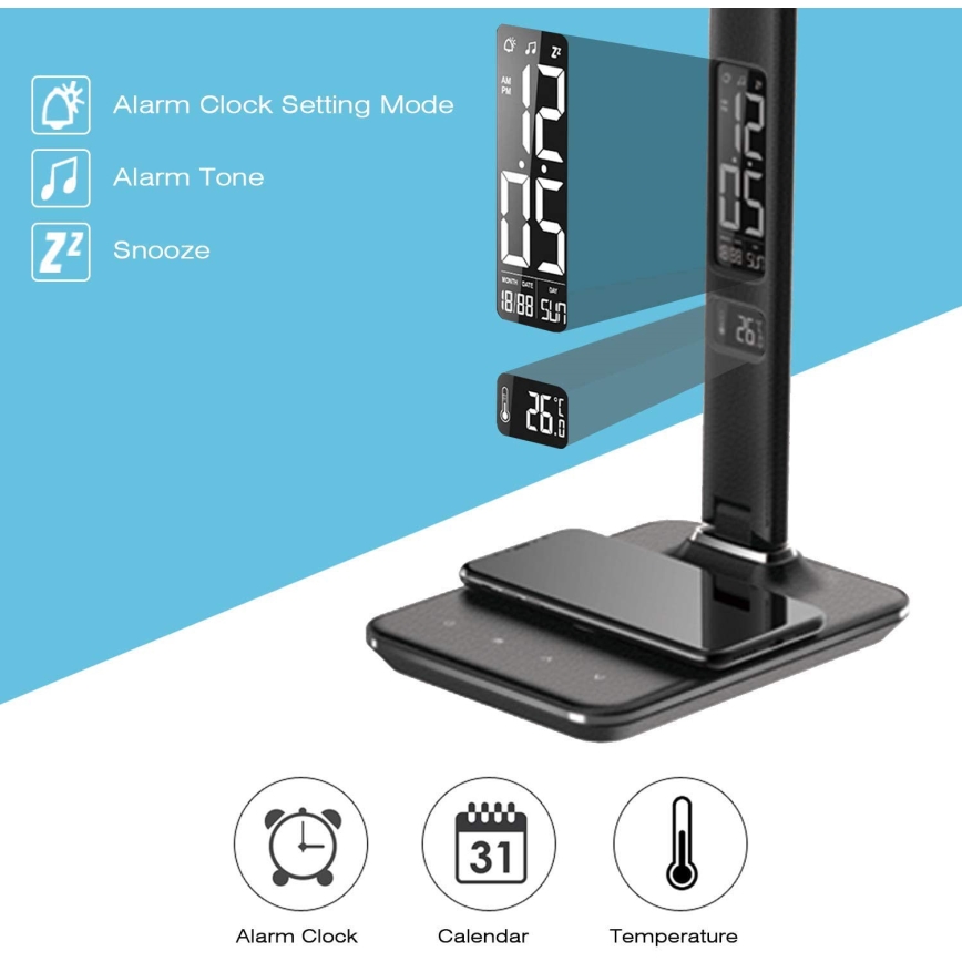 LED Stmívatelná stolní lampa s bezdrátovým nabíjením QI a USB KINGFISHER LED/8,5W/230V černá