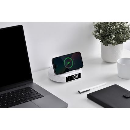 Budík s LCD displejem a bezdrátovou Qi nabíječkou 27W/9V 220 mAh bílá