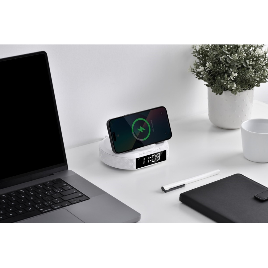 Budík s LCD displejem a bezdrátovou Qi nabíječkou 27W/9V 220 mAh bílá