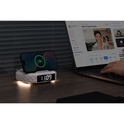 Budík s LCD displejem a bezdrátovou Qi nabíječkou 27W/9V 220 mAh bílá