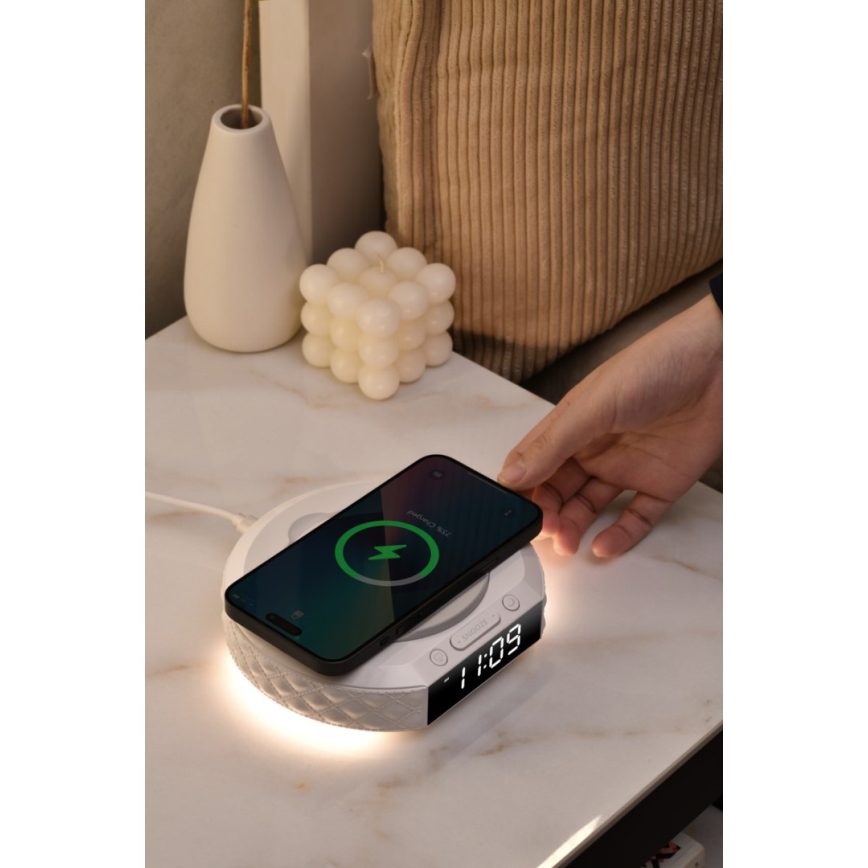 Budík s LCD displejem a bezdrátovou Qi nabíječkou 27W/9V 220 mAh bílá