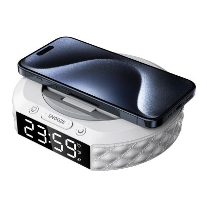 Budík s LCD displejem a bezdrátovou Qi nabíječkou 27W/9V 220 mAh bílá