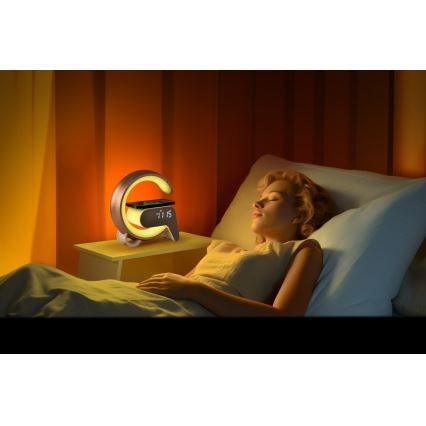 LED RGB Stmívatelná stolní lampa s budíkem a Qi nabíjením 30W/230V zlatá