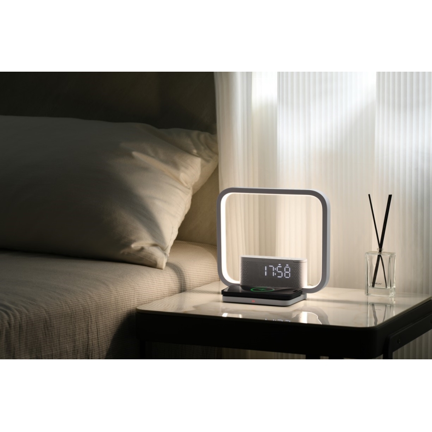 LED Stmívatelná stolní lampa s budíkem a Qi nabíjením LED/18W/230V bílá
