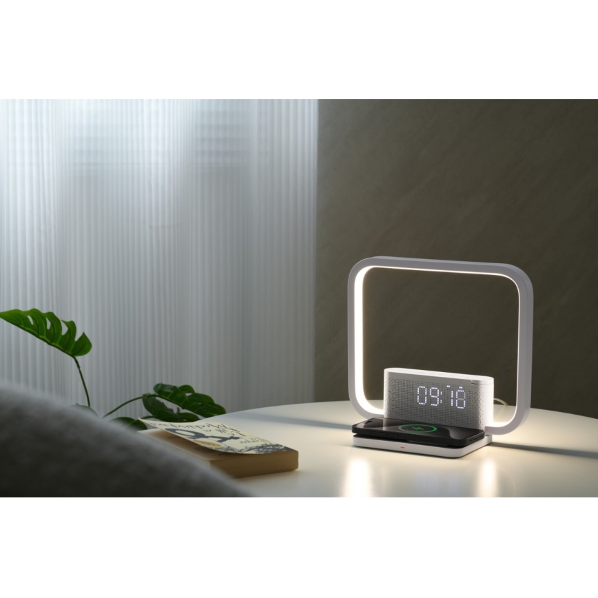 LED Stmívatelná stolní lampa s budíkem a Qi nabíjením LED/18W/230V bílá