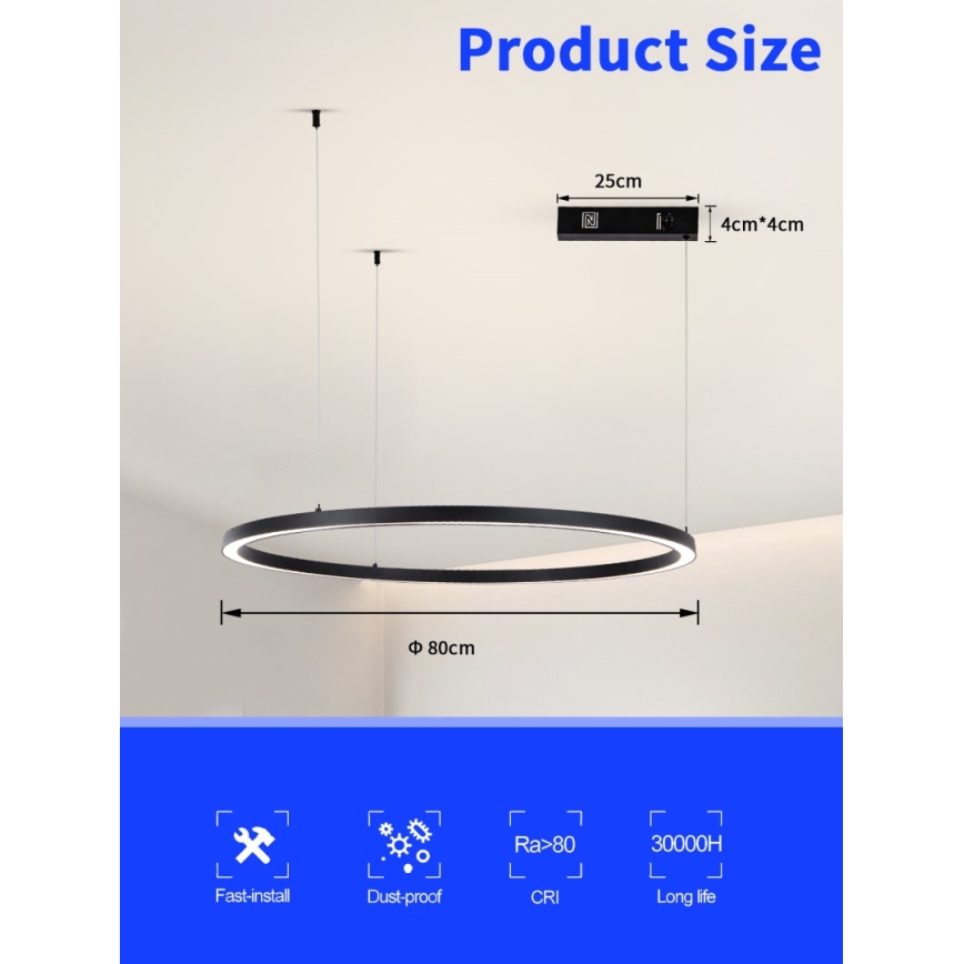 Immax NEO 07215L - LED Stmívatelný lustr na lanku FINO LED/60W/230V 80 cm černá Tuya + dálkové ovládání
