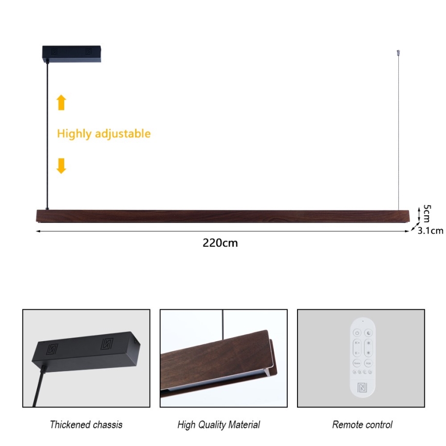 Immax NEO 07302L - LED Stmívatelný lustr na lanku MADEIRA LED/44W/230V Wi-Fi Tuya 202 cm ořech + dálkové ovládání