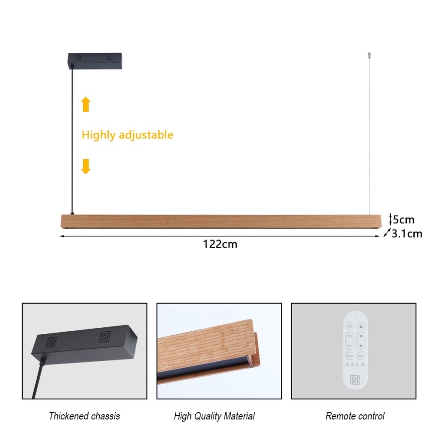 Immax NEO 07303L - LED Stmívatelný lustr na lanku MADEIRA LED/26W/230V Wi-Fi Tuya 122 cm dub + dálkové ovládání