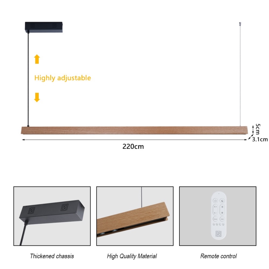 Immax NEO 07305L - LED Stmívatelný lustr na lanku MADEIRA LED/44W/230V Wi-Fi Tuya 202 cm dub + dálkové ovládání