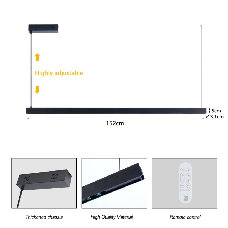 Immax NEO 07307L - LED Stmívatelný lustr na lanku MADEIRA LED/33W/230V Wi-Fi Tuya 152 cm černá + dálkové ovládání