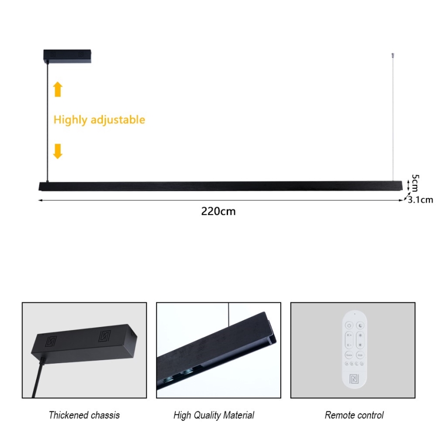 Immax NEO 07308L - LED Stmívatelný lustr na lanku MADEIRA LED/44W/230V Wi-Fi Tuya 202 cm černá + dálkové ovládání