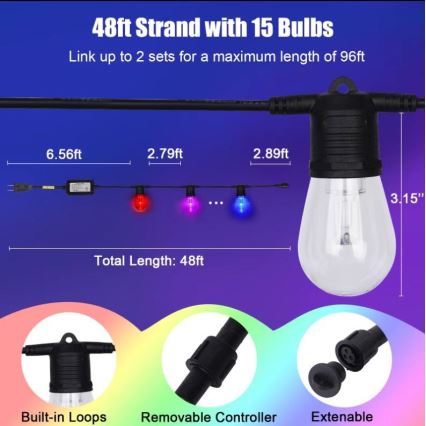 LED RGB+CCT Stmívatelný venkovní řetěz GIRLANDA 15xLED/1W/230V 15m Wi-Fi Tuya IP65 + dálkové ovládání