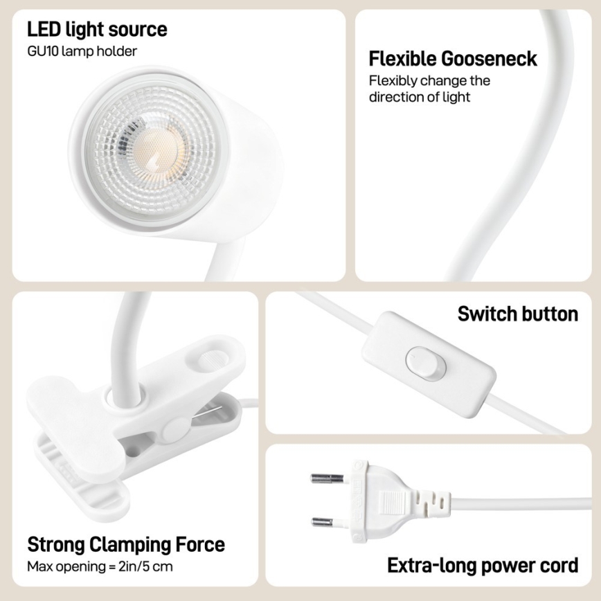 Immax NEO 08294L - Flexibilní lampa s klipem PUNTO 1xGU10/9W/230V bílá