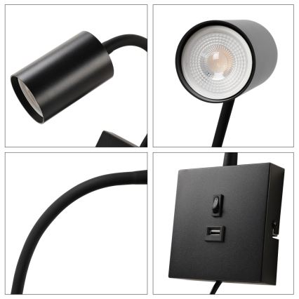 Immax NEO 08295L - Nástěnná lampa s USB PUNTO 1xGU10/9W/230V černá