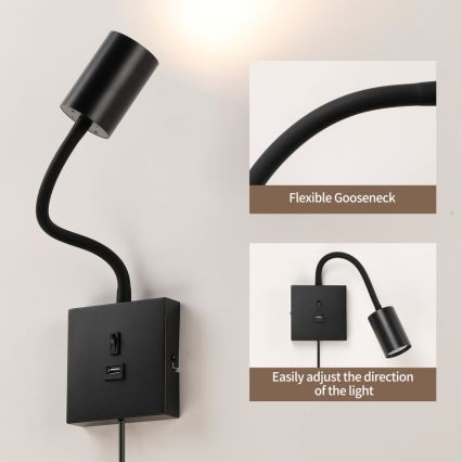 Immax NEO 08295L - Nástěnná lampa s USB PUNTO 1xGU10/9W/230V černá