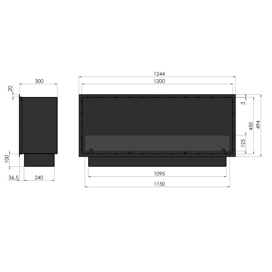 InFire - Vestavěný BIO krb 49,4x124,4 cm 6kW černá