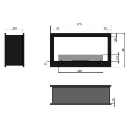 InFire - Vestavěný BIO krb 90x50 cm 3kW oboustranný