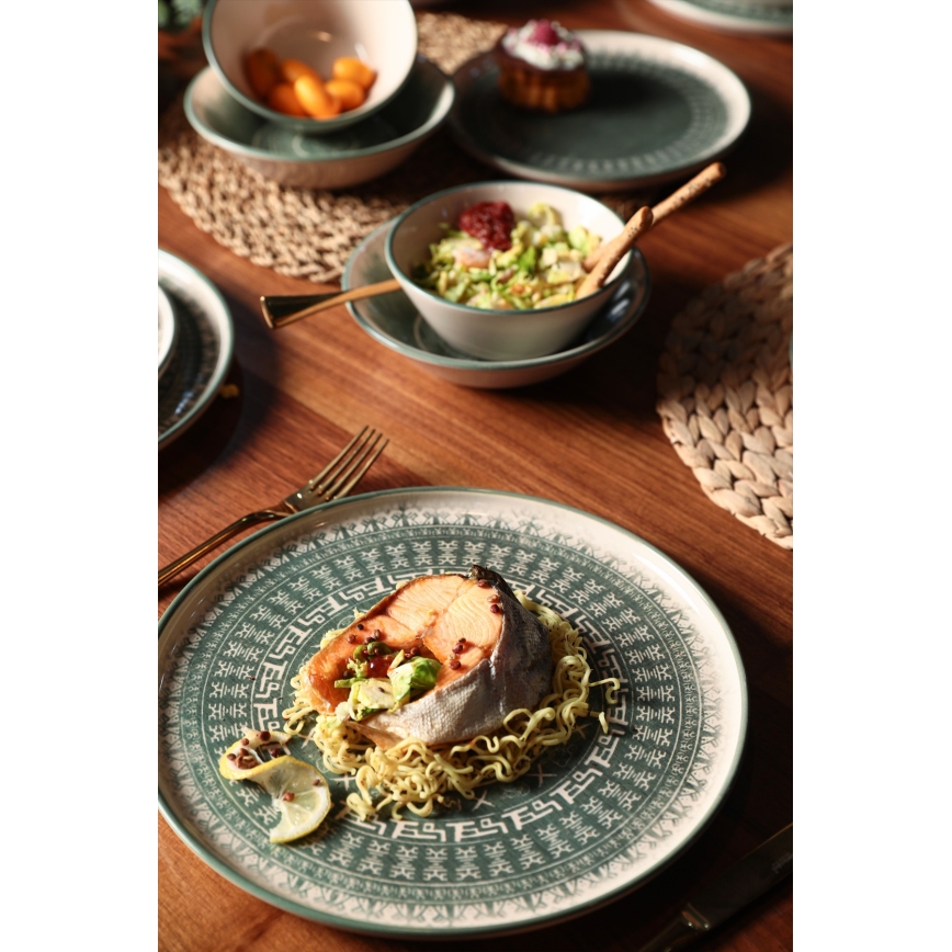 Jídelní sada 24 ks béžová/zelená/kamenina